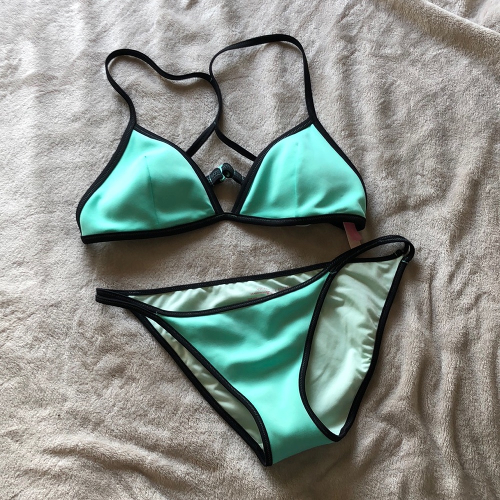 Victoria’s Secret Teal/Seamfoam Green and Black The Teeny Triangle Bikini Set